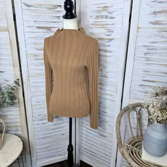 MADEWELL Women's Leaton M Lightweight Ribbed Mock Sweater Heather Caramel Brown - Picture 6 of 15